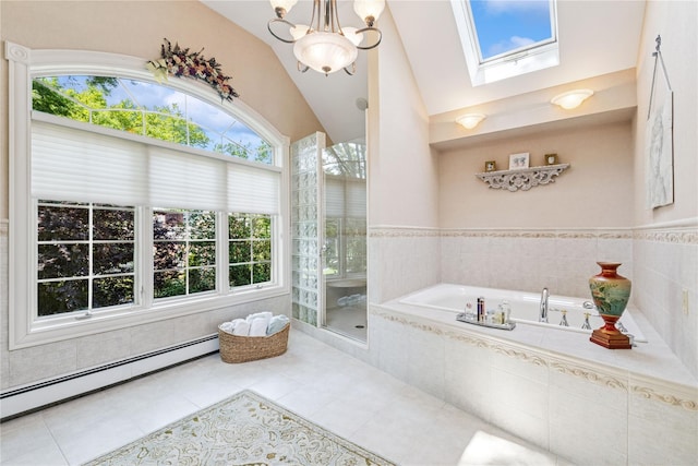 42 Roxen Rd, Rockville Centre, NY 11570 - bathroom featuring a garden tub, a baseboard radiator, tile patterned flooring, healthy amount of natural light, and lofted ceiling