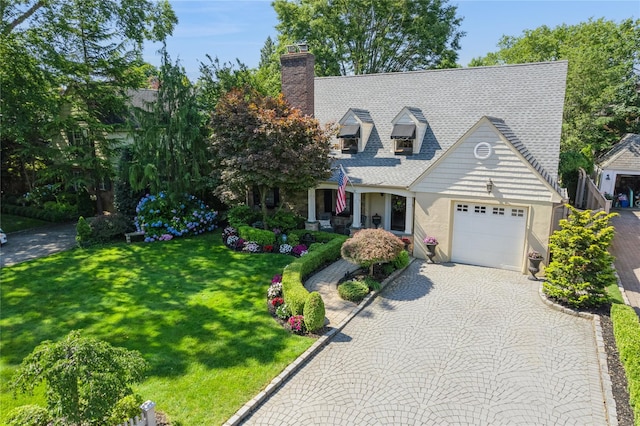 42 Roxen Rd, Rockville Centre, NY 11570 - view of front of home featuring a garage, asphalt driveway, a front yard, a chimney, and a porch