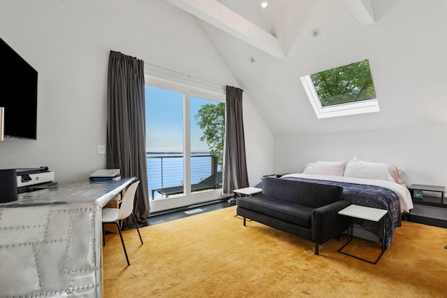 55C Shore Rd, Shelter Island, NY 11964 - bedroom featuring a skylight, lofted ceiling, access to outside, a desk, and a water view