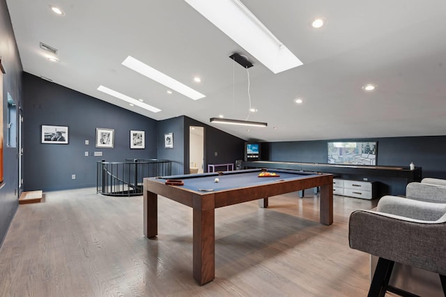 55C Shore Rd, Shelter Island, NY 11964 - recreation room with a skylight, vaulted ceiling, wood finished floors, pool table, and recessed lighting