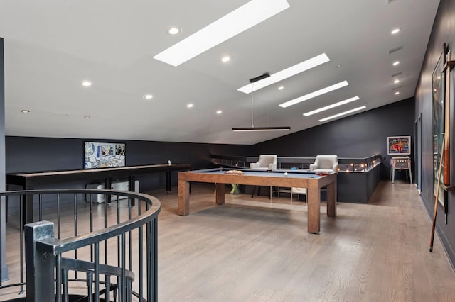 55C Shore Rd, Shelter Island, NY 11964 - recreation room featuring a skylight, lofted ceiling, wood finished floors, billiards table, and recessed lighting