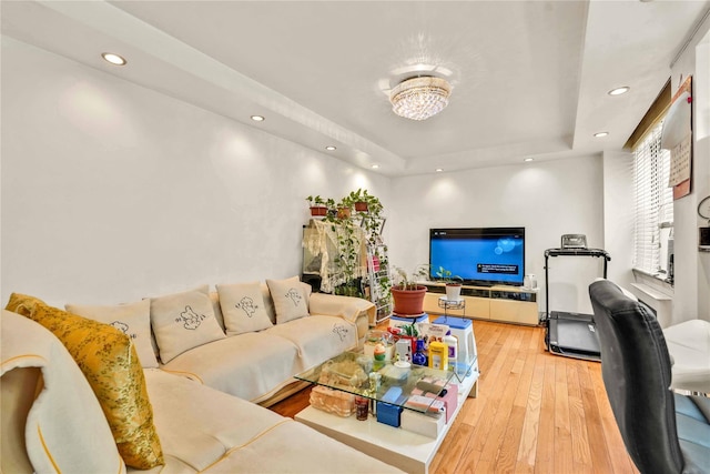 141-15 28th Ave Unit 1G, Flushing, NY 11354 - living area with a raised ceiling, recessed lighting, and light wood-style floors