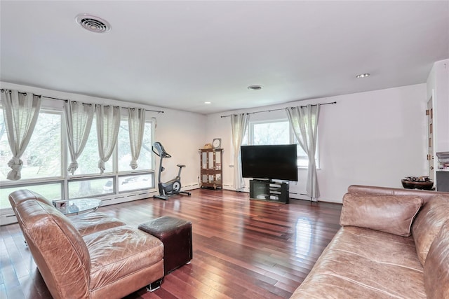 61 Buena Vista Rd, New City, NY 10956 - living room featuring dark wood-type flooring, recessed lighting, and a baseboard heating unit