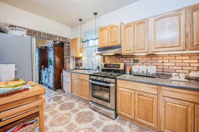 845 Kinsella St, Bronx, NY 10462 - kitchen featuring under cabinet range hood, stainless steel appliances, decorative backsplash, light tile patterned floors, and light brown cabinets