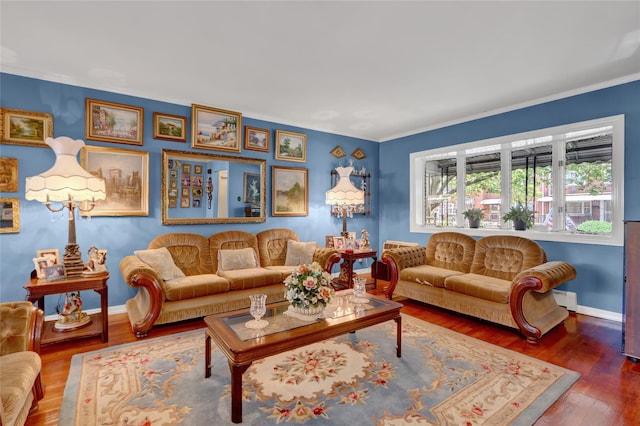 25-27 76th St, Jackson Heights, NY 11370 - living area with wood finished floors, ornamental molding, and a baseboard radiator