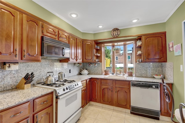 25-27 76th St, Jackson Heights, NY 11370 - kitchen featuring white appliances, open shelves, light tile patterned floors, light stone countertops, and ornamental molding