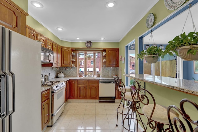 25-27 76th St, Jackson Heights, NY 11370 - kitchen with white appliances, open shelves, decorative backsplash, ornamental molding, and light tile patterned flooring