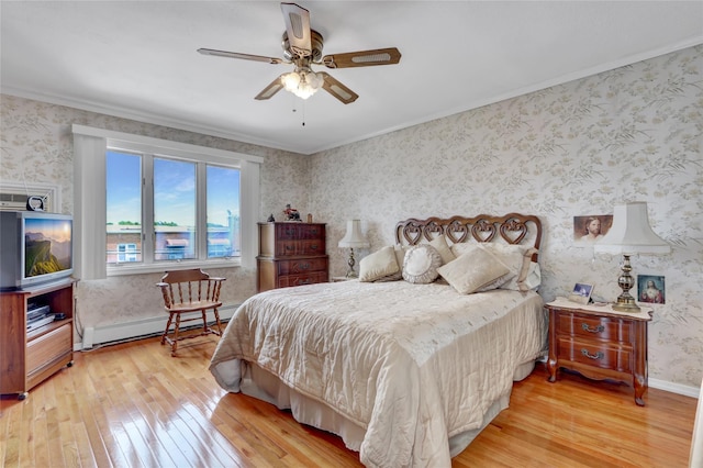 25-27 76th St, Jackson Heights, NY 11370 - bedroom featuring a baseboard heating unit, light wood-style floors, ornamental molding, wallpapered walls, and a ceiling fan