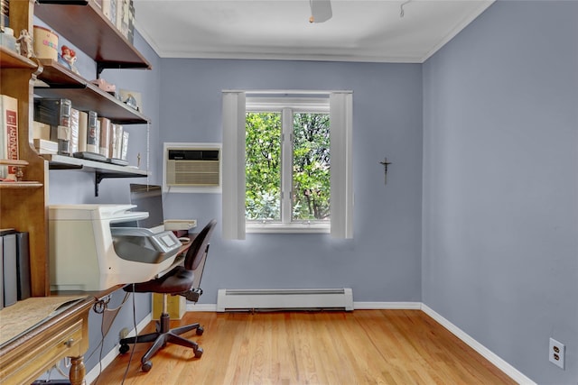 25-27 76th St, Jackson Heights, NY 11370 - office space featuring a baseboard radiator, a wall mounted air conditioner, wood finished floors, ornamental molding, and a ceiling fan