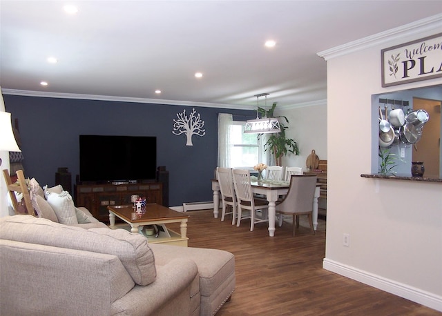 341 Thrift St, Ronkonkoma, NY 11779 - living room featuring ornamental molding, dark wood-style flooring, recessed lighting, and baseboard heating