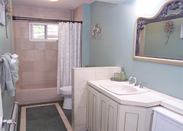 341 Thrift St, Ronkonkoma, NY 11779 - full bathroom featuring baseboard heating, vanity, shower / tub combo, and inlaid floor details