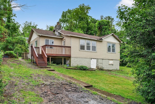 15 Claremont Trl, Monroe, NY 10950 - back of house with a chimney, a wooden deck, a lawn, stairs, and a shingled roof