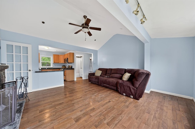 15 Claremont Trl, Monroe, NY 10950 - living room with a ceiling fan, lofted ceiling, wood finished floors, and a fireplace