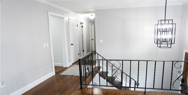 11 Boxwood Close, Hopewell Junction, NY 12533 - hall featuring wood finished floors, crown molding, an upstairs landing, and a chandelier