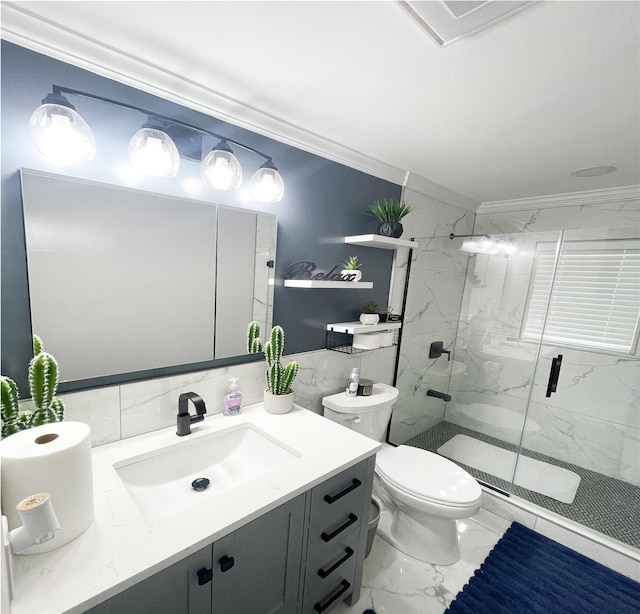 11 Boxwood Close, Hopewell Junction, NY 12533 - full bathroom featuring marble look tiles, vanity, ornamental molding, a marble finish shower, and tile walls