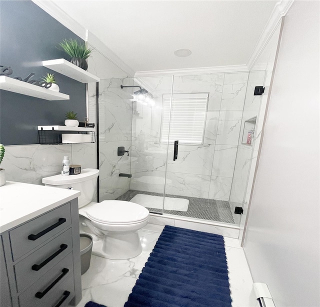 11 Boxwood Close, Hopewell Junction, NY 12533 - bathroom featuring ornamental molding, marble finish floors, vanity, a marble finish shower, and tile walls
