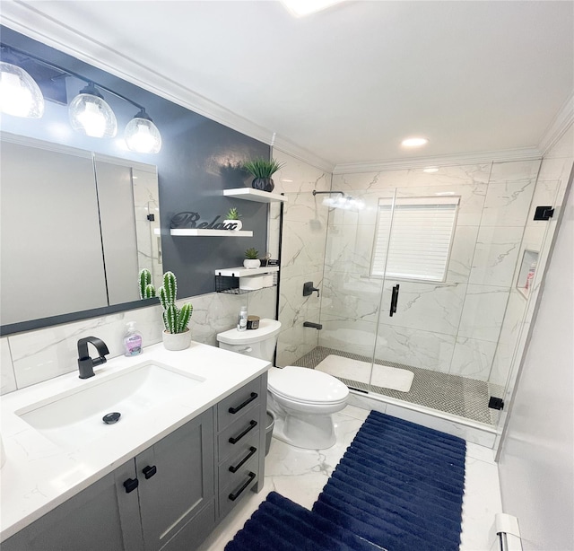 11 Boxwood Close, Hopewell Junction, NY 12533 - full bathroom with ornamental molding, vanity, a marble finish shower, marble finish floors, and tile walls