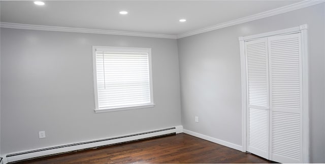 11 Boxwood Close, Hopewell Junction, NY 12533 - unfurnished bedroom with a baseboard radiator, dark wood-style floors, crown molding, recessed lighting, and a closet