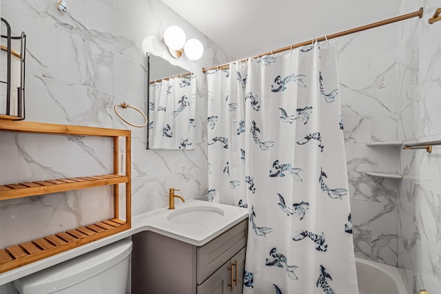 102-30 66th Rd Unit 5K, Forest Hills, NY 11375 - full bathroom with vanity, tile walls, and shower / bath combo with shower curtain
