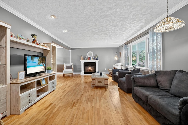 8 Argow Pl, Nanuet, NY 10954 - living area with light wood-style floors, a textured ceiling, a lit fireplace, and crown molding