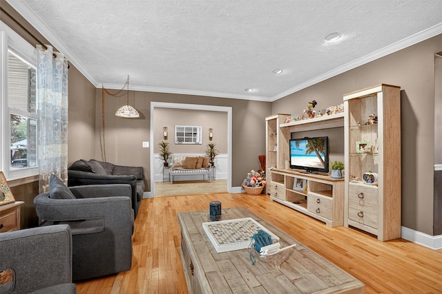 8 Argow Pl, Nanuet, NY 10954 - living area featuring light wood finished floors, a textured ceiling, crown molding, and recessed lighting