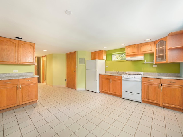 19 E Orchard St, Nanuet, NY 10954 - kitchen featuring white appliances, light countertops, exhaust hood, open shelves, and recessed lighting