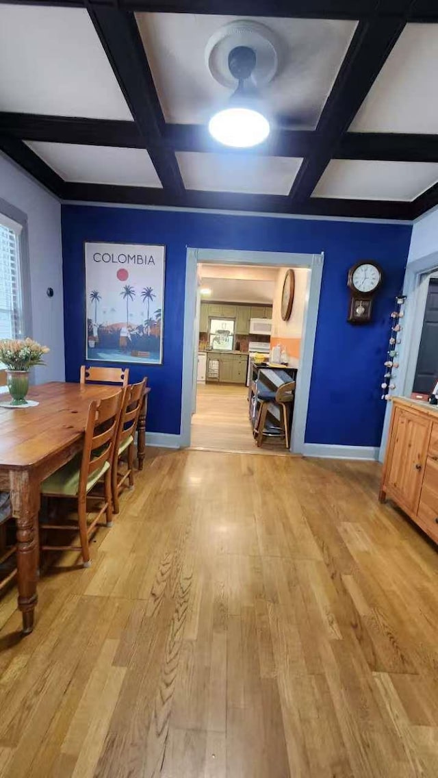 9-24 College Point Blvd, College Point, NY 11356 - dining space featuring coffered ceiling, beamed ceiling, and light wood-type flooring