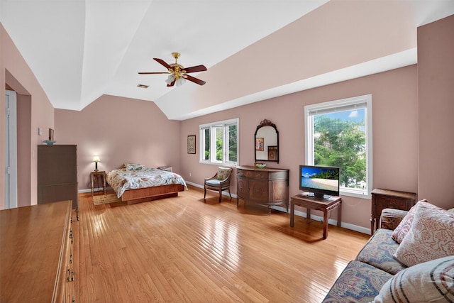 32 Spring Pond Dr, Ossining, NY 10562 - bedroom with light wood-style flooring, lofted ceiling, and ceiling fan