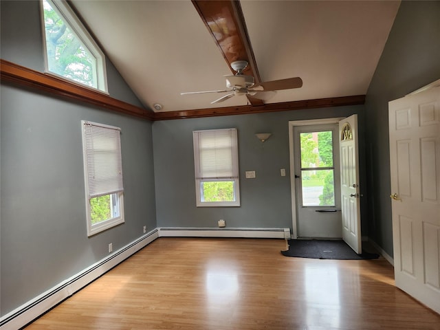 26 Long Beach Dr, Sound Beach, NY 11789 - empty room with a baseboard radiator, lofted ceiling, ceiling fan, and wood finished floors