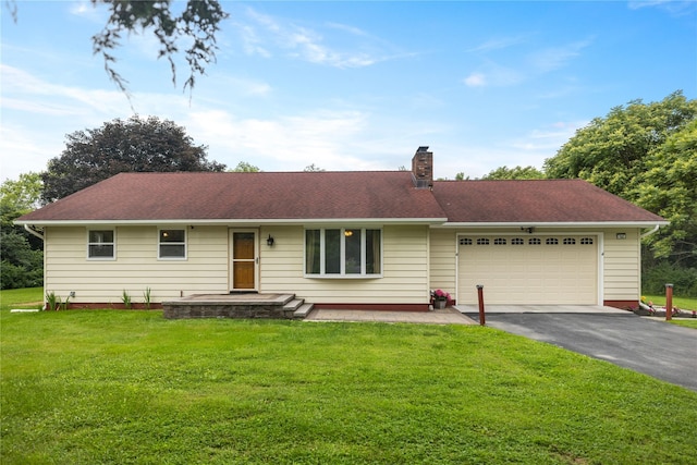 162 Airport Rd, New Hampton, NY 10958 - single story home featuring asphalt driveway, an attached garage, a chimney, and a front lawn