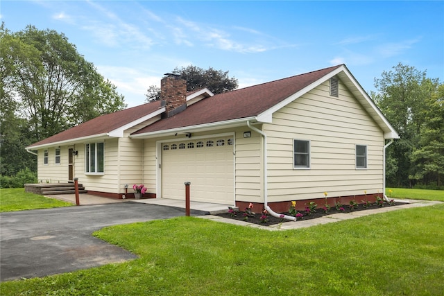 162 Airport Rd, New Hampton, NY 10958 - view of property exterior featuring a chimney, driveway, an attached garage, and a lawn