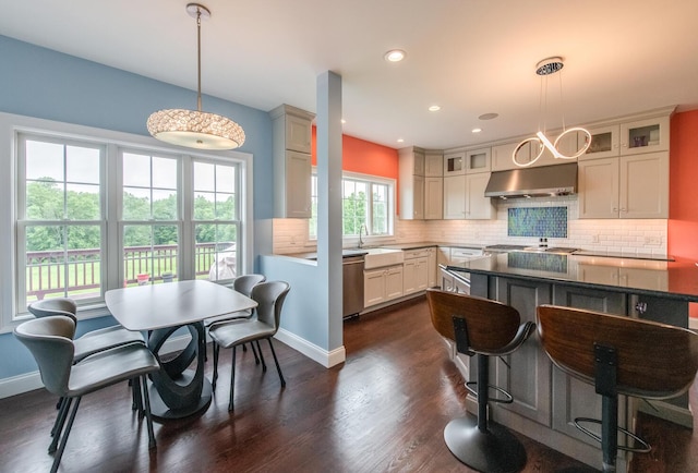 45 Jeffrey Dr, Pleasant Valley, NY 12569 - kitchen featuring exhaust hood, glass insert cabinets, backsplash, stainless steel dishwasher, and dark wood-type flooring