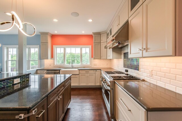 45 Jeffrey Dr, Pleasant Valley, NY 12569 - kitchen featuring stainless steel appliances, under cabinet range hood, tasteful backsplash, glass insert cabinets, and dark stone countertops
