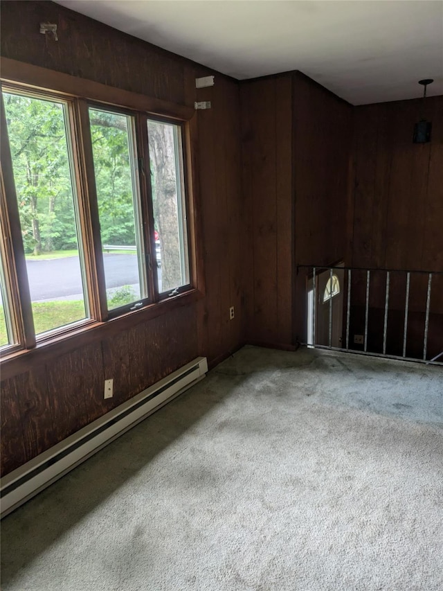 24 Delilah Ln, Plattekill, NY 12589 - unfurnished living room with baseboard heating, light carpet, and wood walls