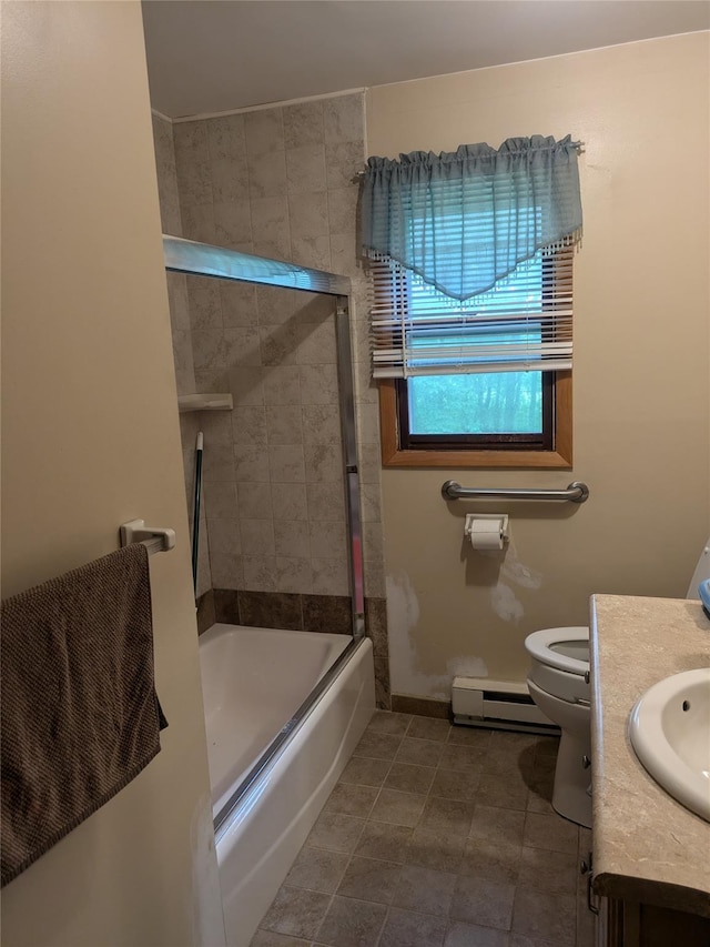 24 Delilah Ln, Plattekill, NY 12589 - bathroom featuring a baseboard radiator, vanity, bath / shower combo with glass door, and tile patterned flooring