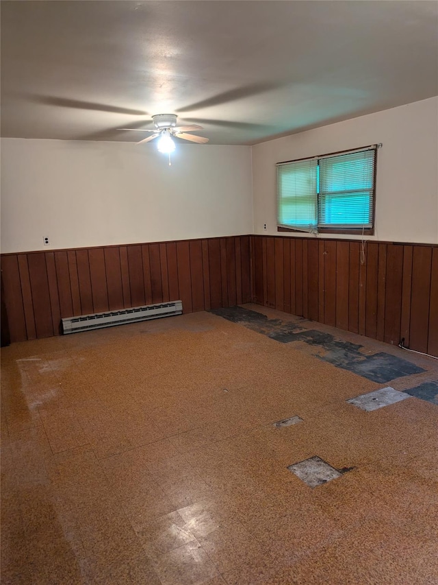 24 Delilah Ln, Plattekill, NY 12589 - unfurnished room featuring baseboard heating, a wainscoted wall, wood walls, and ceiling fan