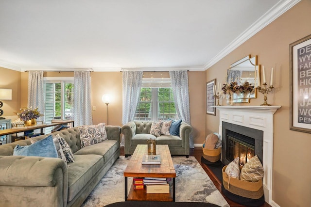 55 Winterberry Cir, Cross River, NY 10518 - living area featuring crown molding, a glass covered fireplace, plenty of natural light, and wood finished floors