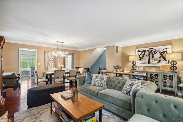 55 Winterberry Cir, Cross River, NY 10518 - living area with wood finished floors, ornamental molding, a chandelier, and stairway