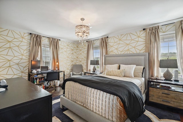 55 Winterberry Cir, Cross River, NY 10518 - bedroom featuring wallpapered walls, a chandelier, a desk, multiple windows, and ornamental molding