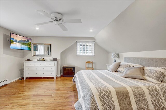 318 W Cortland Ave, Oceanside, NY 11572 - bedroom with light wood-style floors, vaulted ceiling, a ceiling fan, and recessed lighting