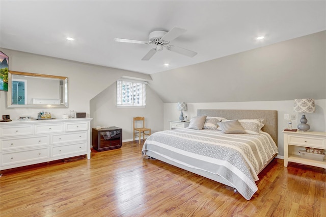 318 W Cortland Ave, Oceanside, NY 11572 - bedroom featuring light wood-style floors, lofted ceiling, a ceiling fan, and recessed lighting