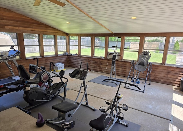 71 Strathmore Village Dr, South Setauket, NY 11720 - exercise room with vaulted ceiling, wooden walls, a ceiling fan, and cooling unit