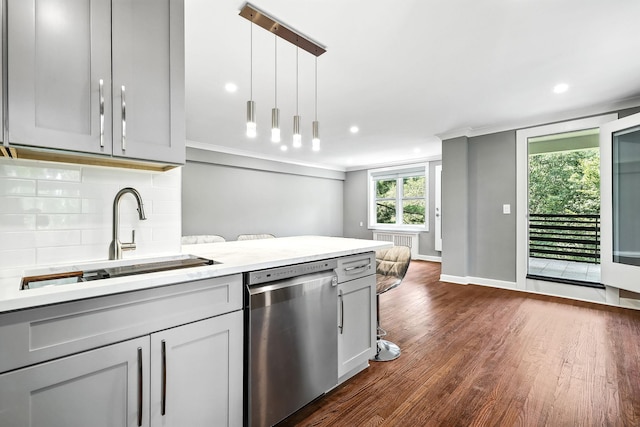 1133 Midland Ave Unit 4E, Bronxville, NY 10708 - kitchen with stainless steel dishwasher, crown molding, backsplash, open floor plan, and dark wood-type flooring