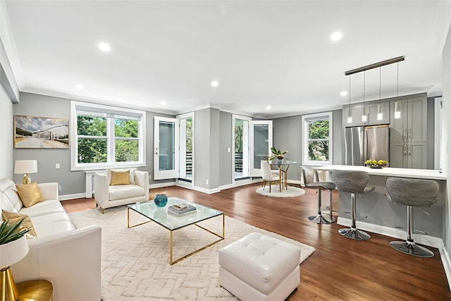 1133 Midland Ave Unit 4E, Bronxville, NY 10708 - living area with recessed lighting, wood finished floors, and ornamental molding