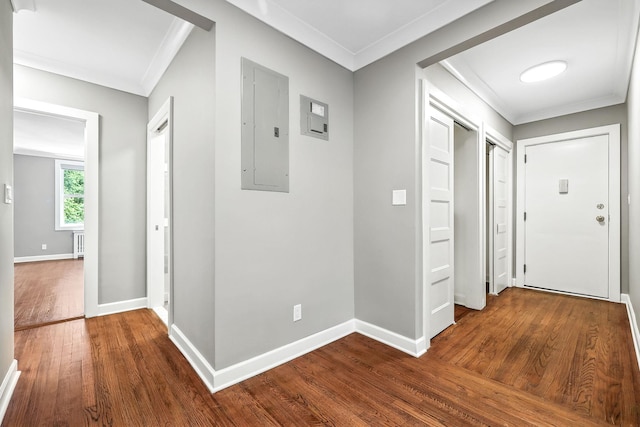 1133 Midland Ave Unit 4E, Bronxville, NY 10708 - hall with electric panel, dark wood finished floors, and ornamental molding