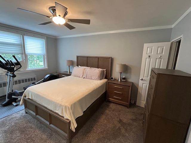 257 Cedarhurst Ave Unit A 8, Cedarhurst, NY 11516 - bedroom with radiator heating unit, ornamental molding, dark carpet, and ceiling fan