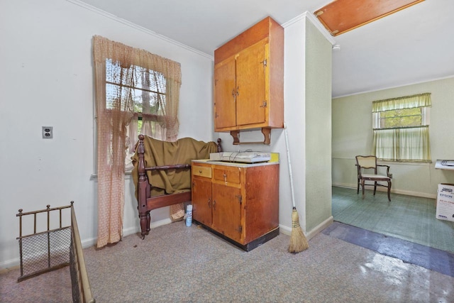 65 Hortontown Rd, Carmel, NY 10512 - kitchen featuring carpet flooring, ornamental molding, brown cabinets, and light countertops