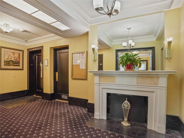 90 Bryant Ave Unit 3Da, White Plains, NY 10605 - unfurnished living room featuring a fireplace, a chandelier, carpet floors, and crown molding