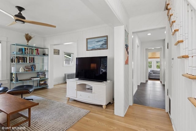 65 Union St, Beacon, NY 12508 - living area featuring radiator heating unit, crown molding, ceiling fan, and light wood-style floors