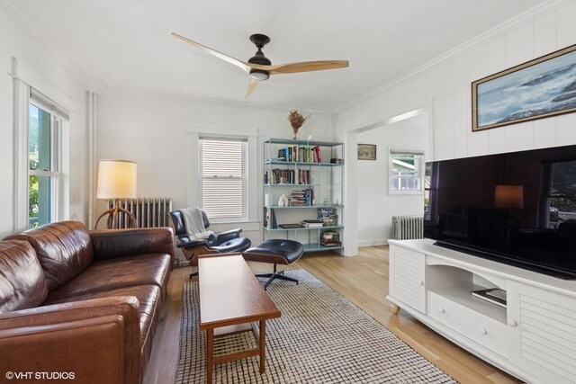 65 Union St, Beacon, NY 12508 - living room featuring radiator heating unit, healthy amount of natural light, ornamental molding, and ceiling fan